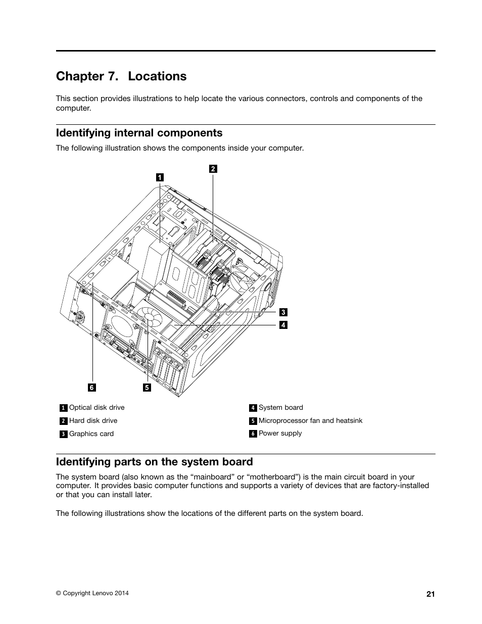 Chapter 7. locations, Identifying internal components, Identifying parts on the system board | Lenovo K450e Desktop User Manual | Page 25 / 49