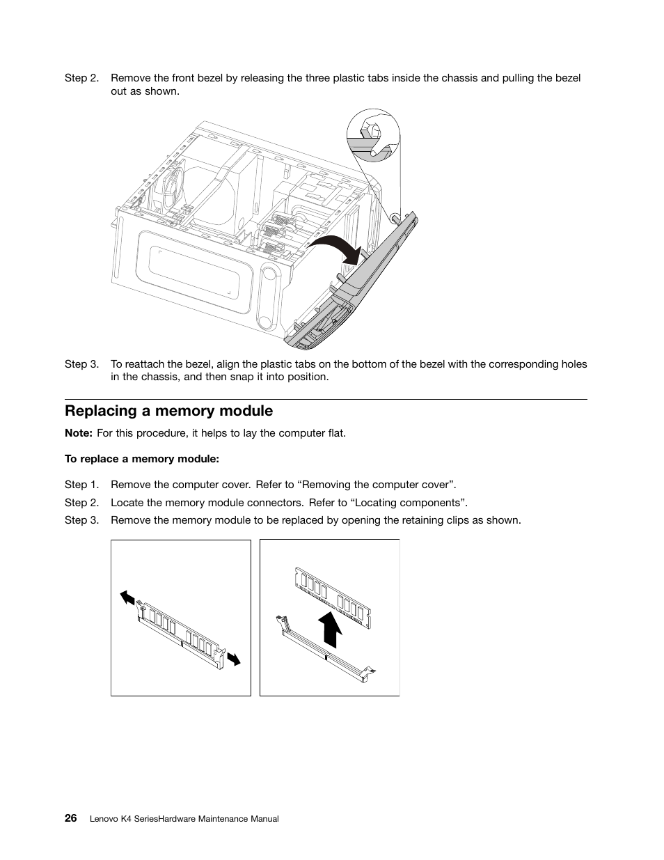 Replacing a memory module | Lenovo K450e Desktop User Manual | Page 30 / 49