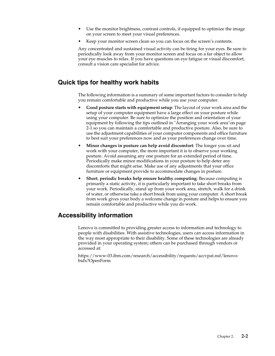 Quick tips for healthy work habits, Accessibility information, Quick tips for healthy work habits -2 | Accessibility information -2 | Lenovo LS2421p Wide 23.6in Flat Panel Monitor User Manual | Page 12 / 35
