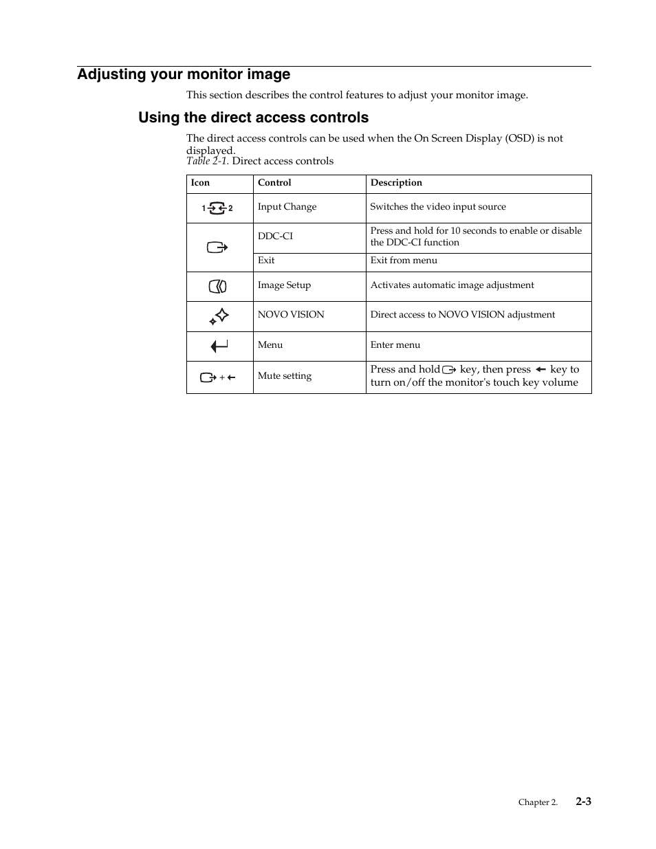 Adjusting your monitor image, Using the direct access controls, Adjusting your monitor image -3 | Using the direct access controls -3 | Lenovo LS2421p Wide 23.6in Flat Panel Monitor User Manual | Page 13 / 35