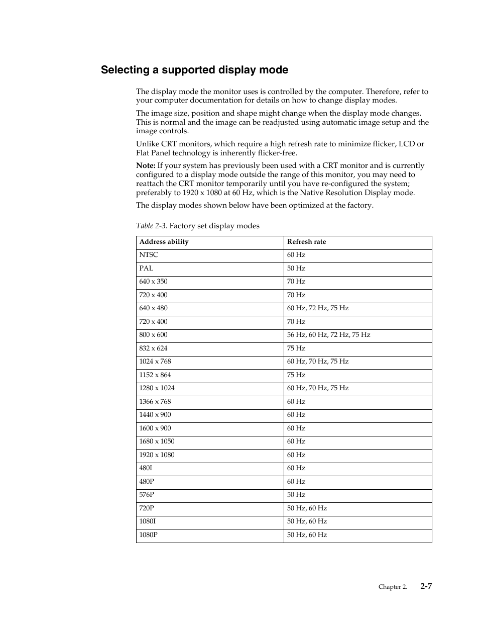 Selecting a supported display mode, Selecting a supported display mode -7 | Lenovo LS2421p Wide 23.6in Flat Panel Monitor User Manual | Page 17 / 35