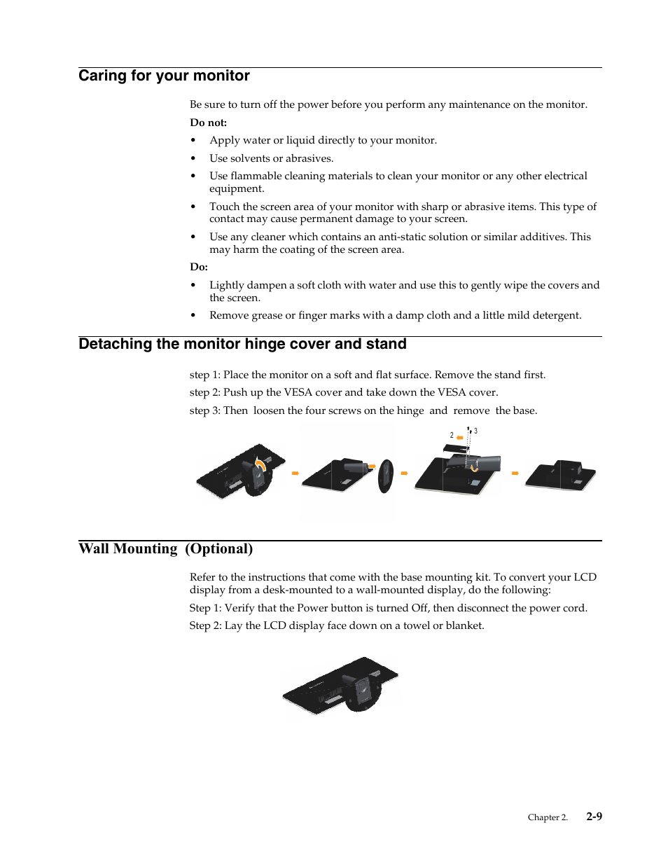 Caring for your monitor, Detaching the monitor hinge cover and stand, Wall mounting (optional) | Caring for your monitor -9, Detaching the monitor hinge cover and stand -9, Wall mounting | Lenovo LS2421p Wide 23.6in Flat Panel Monitor User Manual | Page 19 / 35