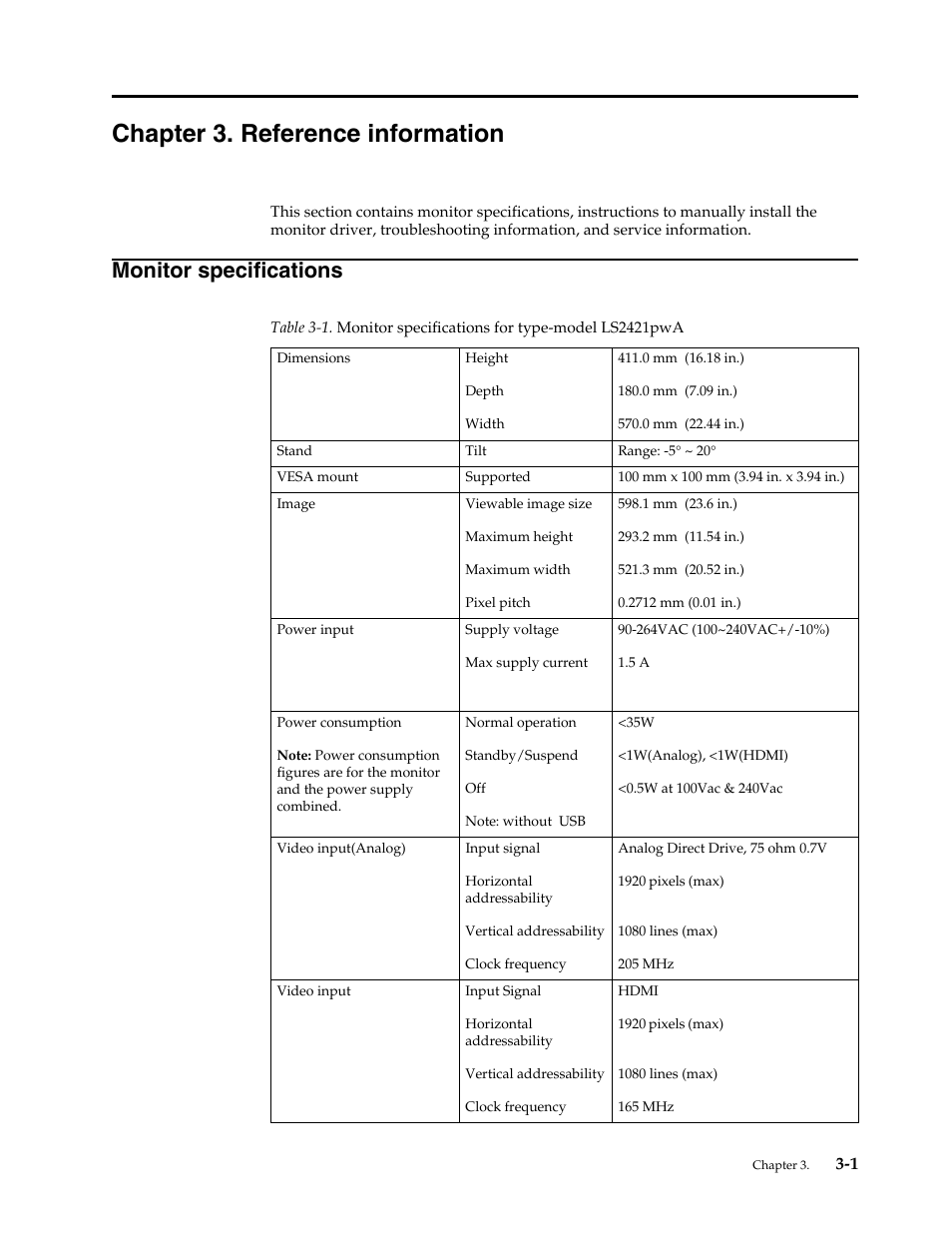 Chapter 3. reference information, Monitor specifications, Chapter 3 | Refe, Monitor specifications -1 | Lenovo LS2421p Wide 23.6in Flat Panel Monitor User Manual | Page 21 / 35