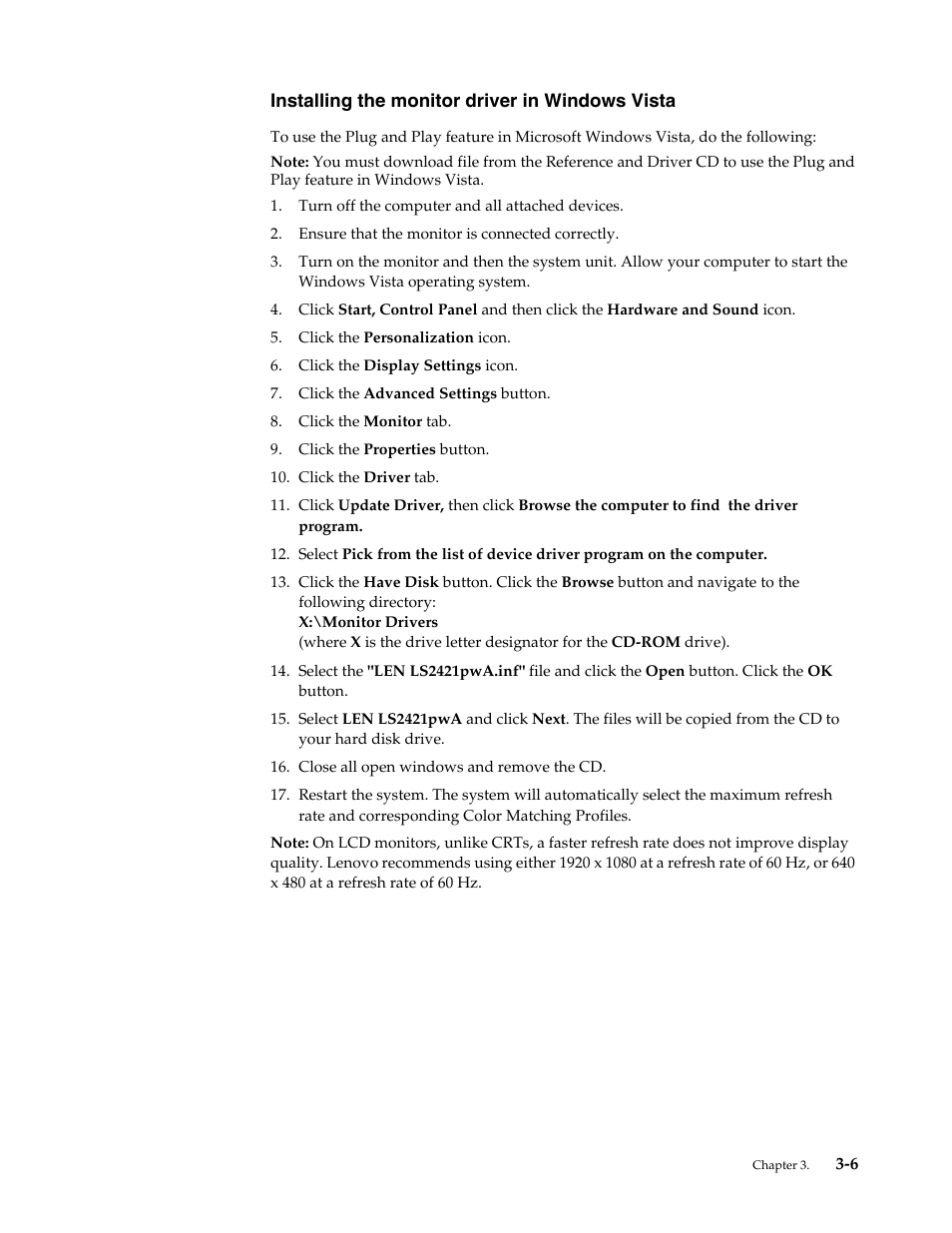 Installing the monitor driver in windows vista, Installing the monitor driver in windows vista -6 | Lenovo LS2421p Wide 23.6in Flat Panel Monitor User Manual | Page 26 / 35