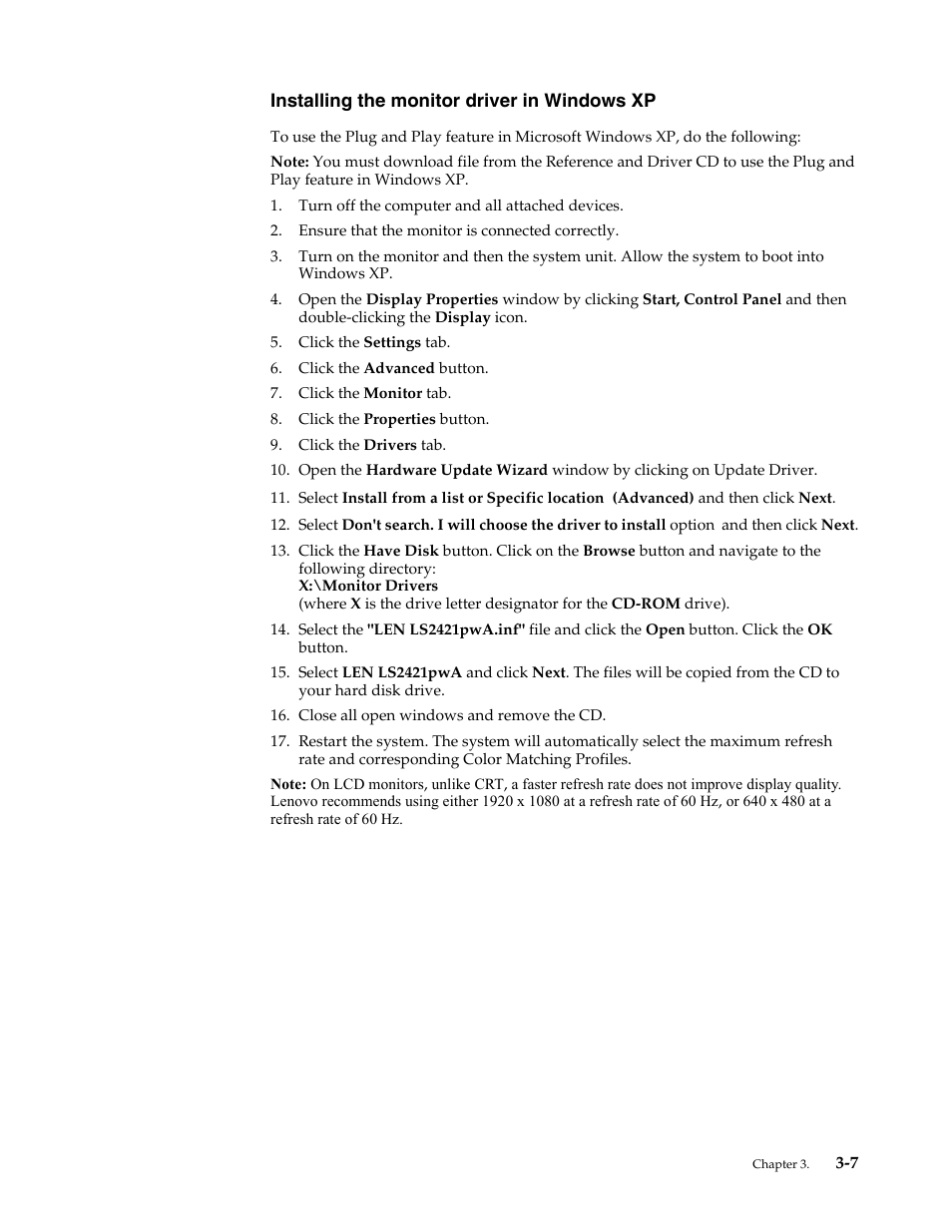 Installing the monitor driver in windows xp, Installing the monitor driver in windows xp -7 | Lenovo LS2421p Wide 23.6in Flat Panel Monitor User Manual | Page 27 / 35