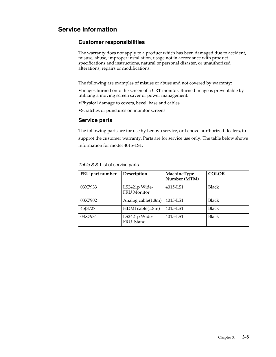 Service information, Customer responsibilities, Service parts | Service information -8, Customer responsibilities -8, Service parts -8 | Lenovo LS2421p Wide 23.6in Flat Panel Monitor User Manual | Page 28 / 35