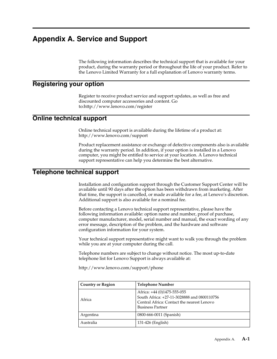Appendix a. service and support, Appendix a, Appendix | A."service and, Registering your option, Online technical support, Telephone technical support | Lenovo LS2421p Wide 23.6in Flat Panel Monitor User Manual | Page 29 / 35