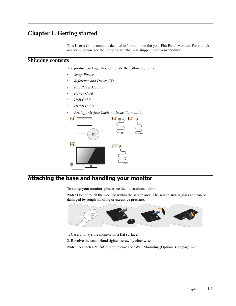 Chapter 1. getting started, Shipping contents, Attaching the base and handling your monitor | Chapter 1. getting, Shipping contents -1, Attaching the base and handling your monitor -1 | Lenovo LS2421p Wide 23.6in Flat Panel Monitor User Manual | Page 5 / 35