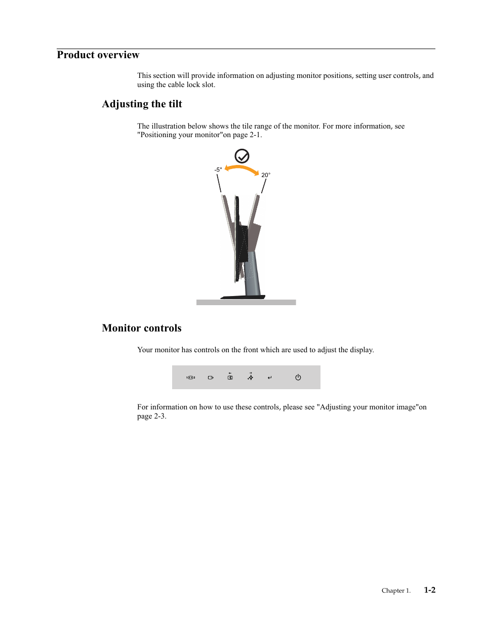 Product overview, Adjusting the tilt, Monitor controls | Product overview -2, Adjusting the tilt -2, Monitor controls -2 | Lenovo LS2421p Wide 23.6in Flat Panel Monitor User Manual | Page 6 / 35