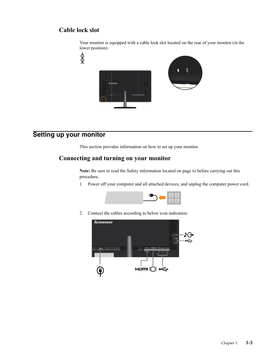 Cable lock slot, Setting up your monitor, Connecting and turning on your monitor | Cable lock slot -3, Setting up your monitor -3, Connecting and turning on your monitor -3 | Lenovo LS2421p Wide 23.6in Flat Panel Monitor User Manual | Page 7 / 35