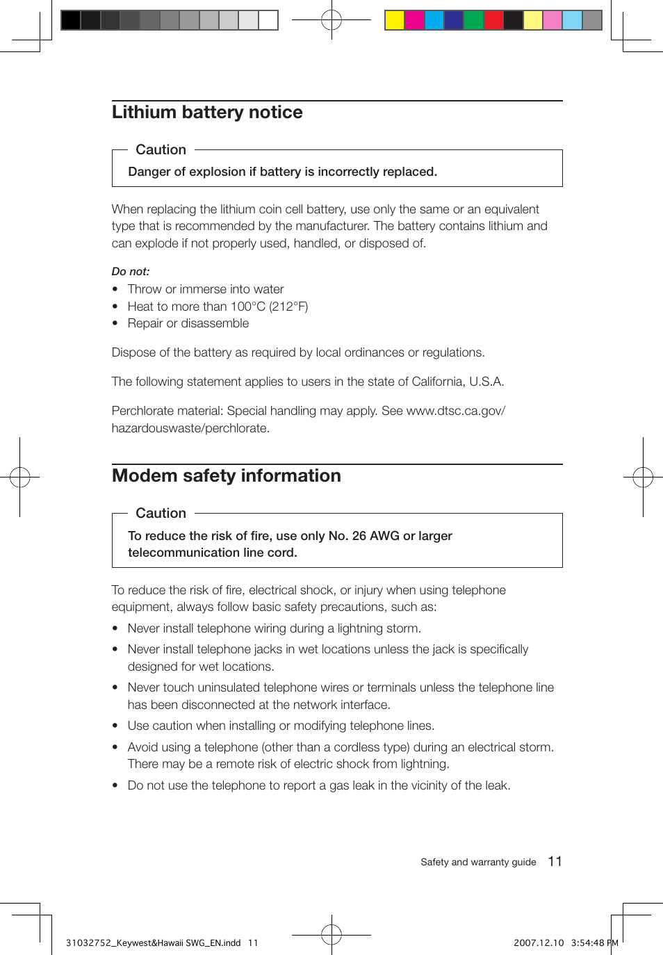 Lithium battery notice, Modem safety information | Lenovo IdeaCentre Q200 User Manual | Page 14 / 35