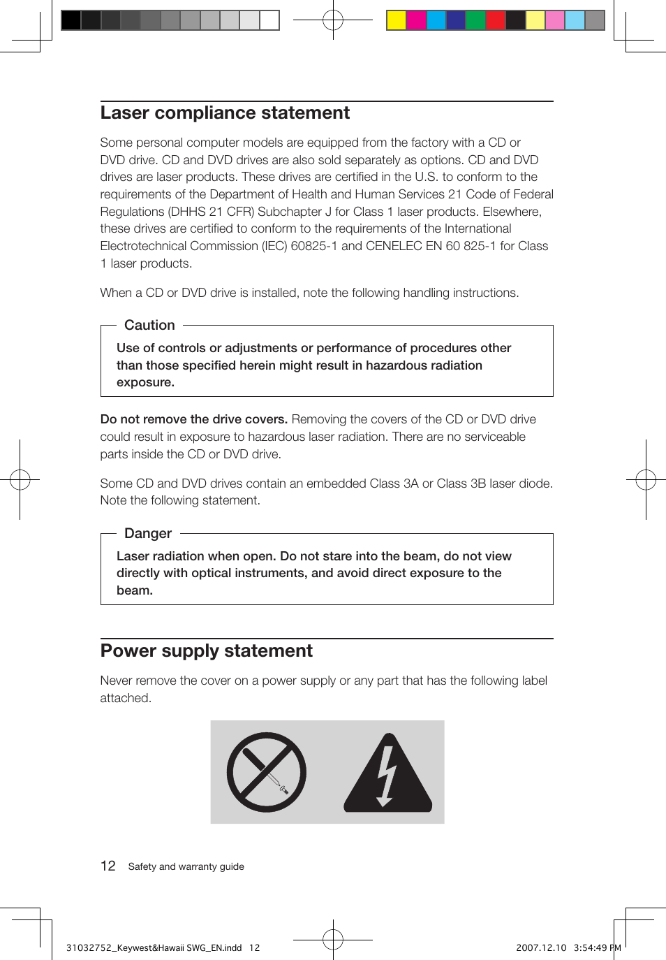 Laser compliance statement, Power supply statement | Lenovo IdeaCentre Q200 User Manual | Page 15 / 35