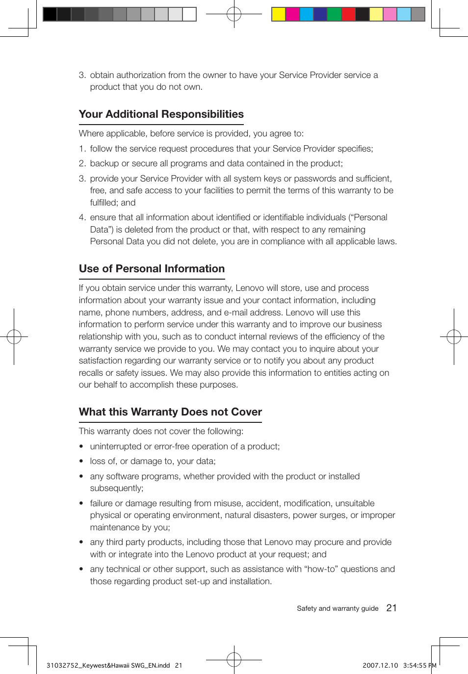 Your additional responsibilities, Use of personal information, What this warranty does not cover | Lenovo IdeaCentre Q200 User Manual | Page 24 / 35