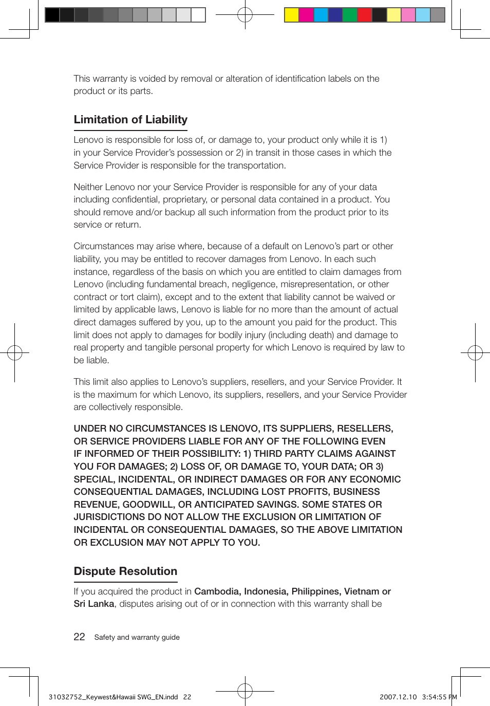 Limitation of liability, Dispute resolution | Lenovo IdeaCentre Q200 User Manual | Page 25 / 35