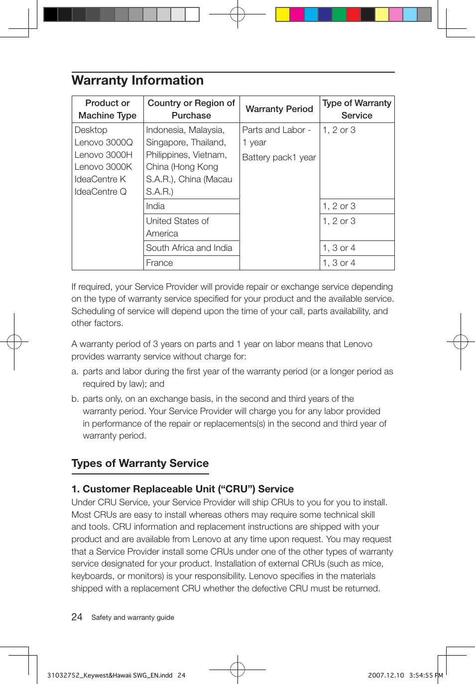 Warranty information, Types of warranty service | Lenovo IdeaCentre Q200 User Manual | Page 27 / 35