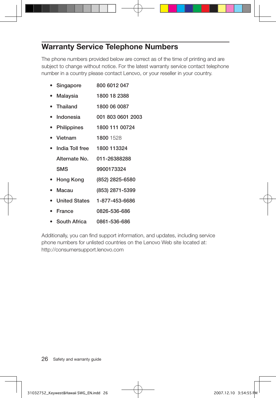 Warranty service telephone numbers | Lenovo IdeaCentre Q200 User Manual | Page 29 / 35