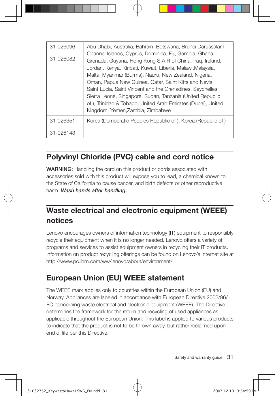 Polyvinyl chloride (pvc) cable and cord notice, European union (eu) weee statement | Lenovo IdeaCentre Q200 User Manual | Page 34 / 35