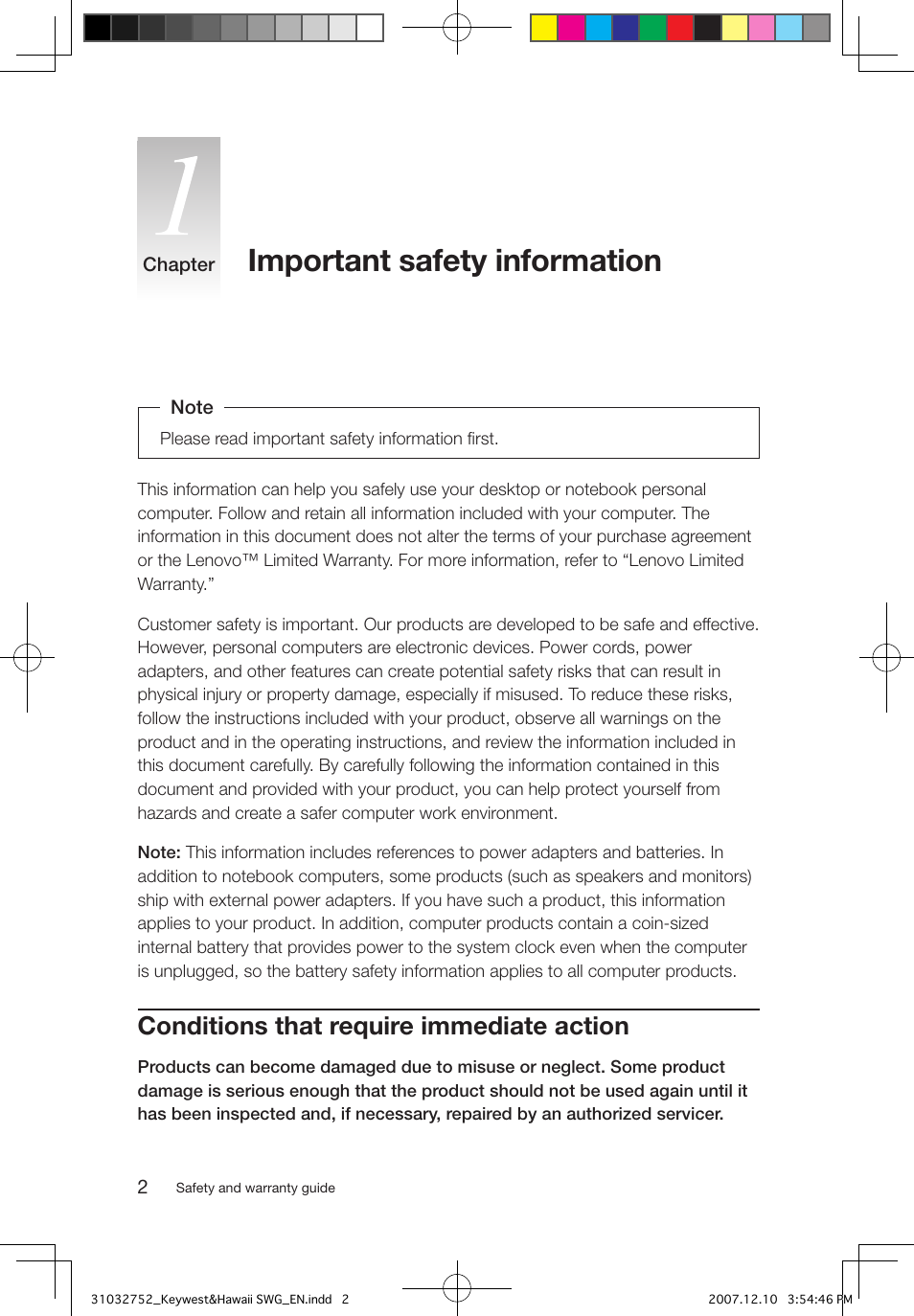 Important safety information, Conditions that require immediate action | Lenovo IdeaCentre Q200 User Manual | Page 5 / 35
