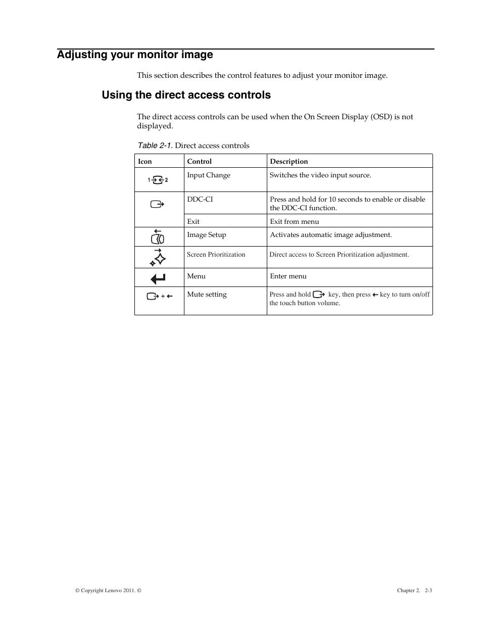 Adjusting your monitor image, Using the direct access controls, Adjusting your monitor image -3 | Using the direct access controls -3 | Lenovo LS2221 Wide 21.5in Flat Panel Monitor User Manual | Page 10 / 25