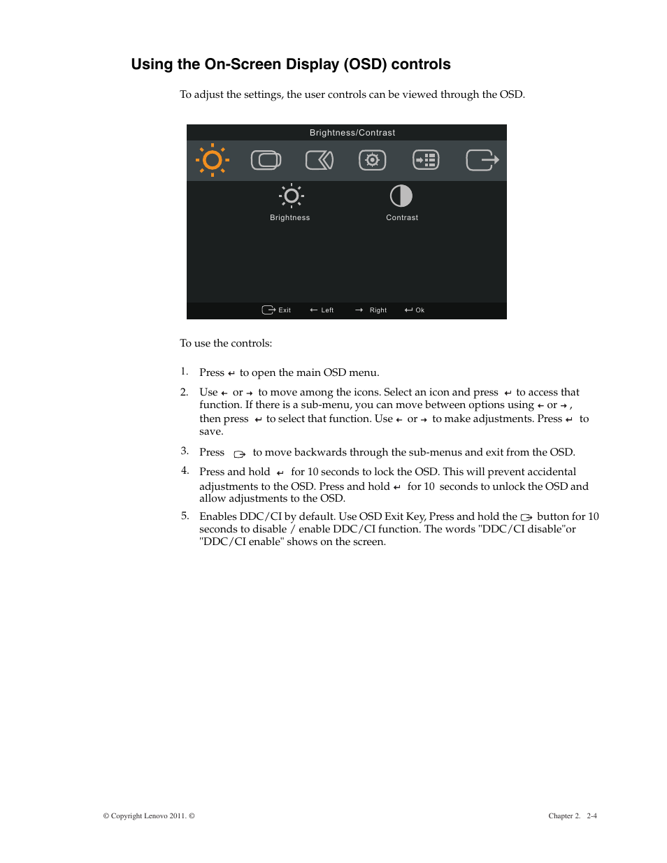 Using the on-screen display (osd) controls, Using the on-screen display (osd) controls -4 | Lenovo LS2221 Wide 21.5in Flat Panel Monitor User Manual | Page 11 / 25