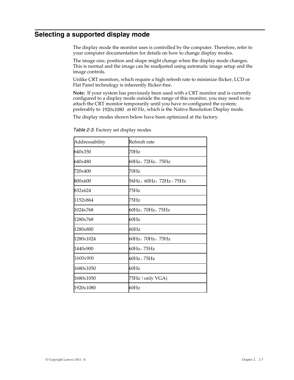 Selecting a supported display mode, Selecting a supported display mode -7 | Lenovo LS2221 Wide 21.5in Flat Panel Monitor User Manual | Page 14 / 25