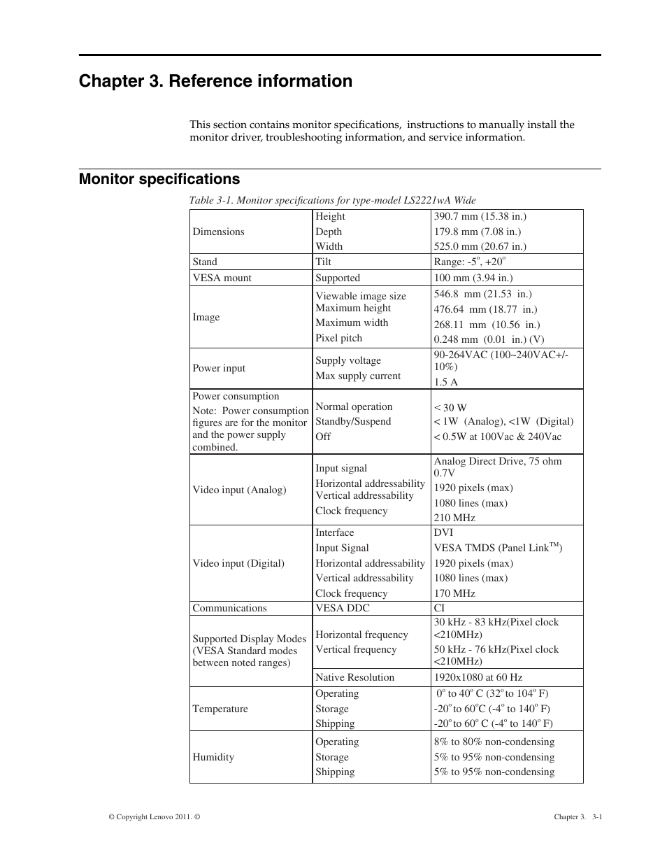 Chapter 3. reference information, Monitor specifications, Chapter 3. reference information -1 | Monitor specifications -1 | Lenovo LS2221 Wide 21.5in Flat Panel Monitor User Manual | Page 17 / 25