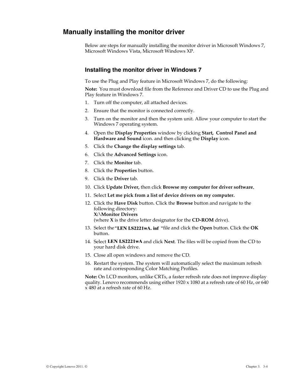 Manually installing the monitor driver, Installing the monitor driver in windows 7 | Lenovo LS2221 Wide 21.5in Flat Panel Monitor User Manual | Page 20 / 25