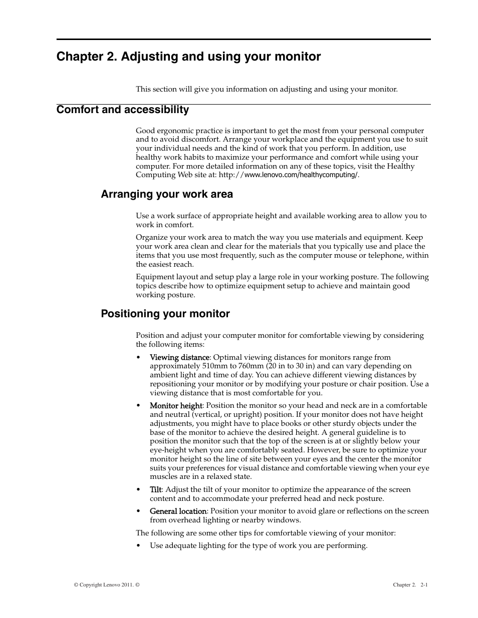 Chapter 2. adjusting and using your monitor, Comfort and accessibility, Arranging your work area | Positioning your monitor, Chapter 2. adjusting and using your monitor -1, Comfort and accessibility -1 | Lenovo LS2221 Wide 21.5in Flat Panel Monitor User Manual | Page 8 / 25