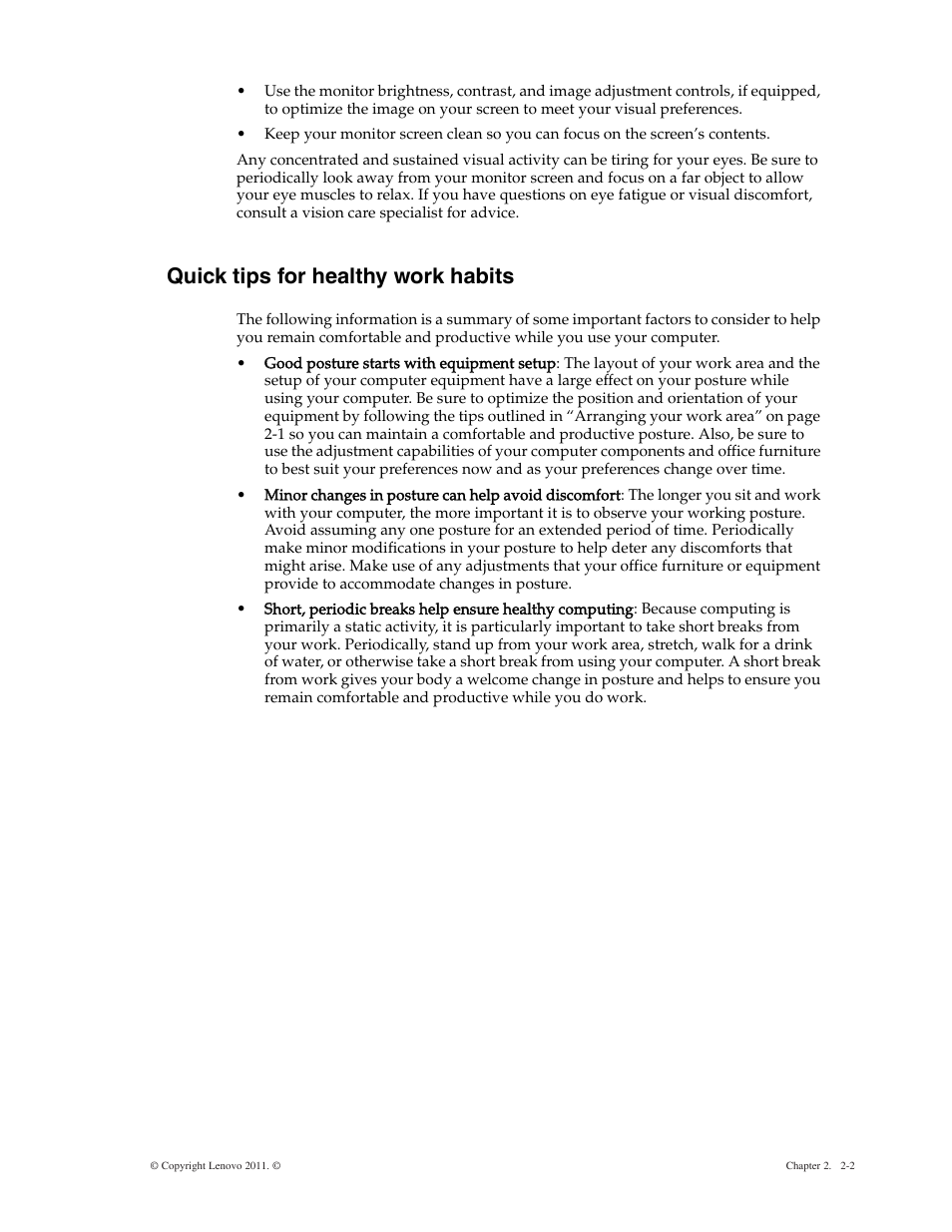 Quick tips for healthy work habits, Quick tips for healthy work habits -2 | Lenovo LS2221 Wide 21.5in Flat Panel Monitor User Manual | Page 9 / 25
