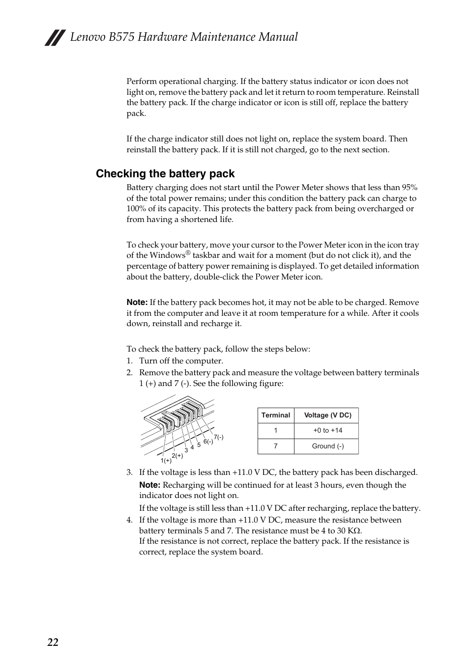 Checking the battery pack, Lenovo b575 hardware maintenance manual | Lenovo B575 Notebook User Manual | Page 26 / 86