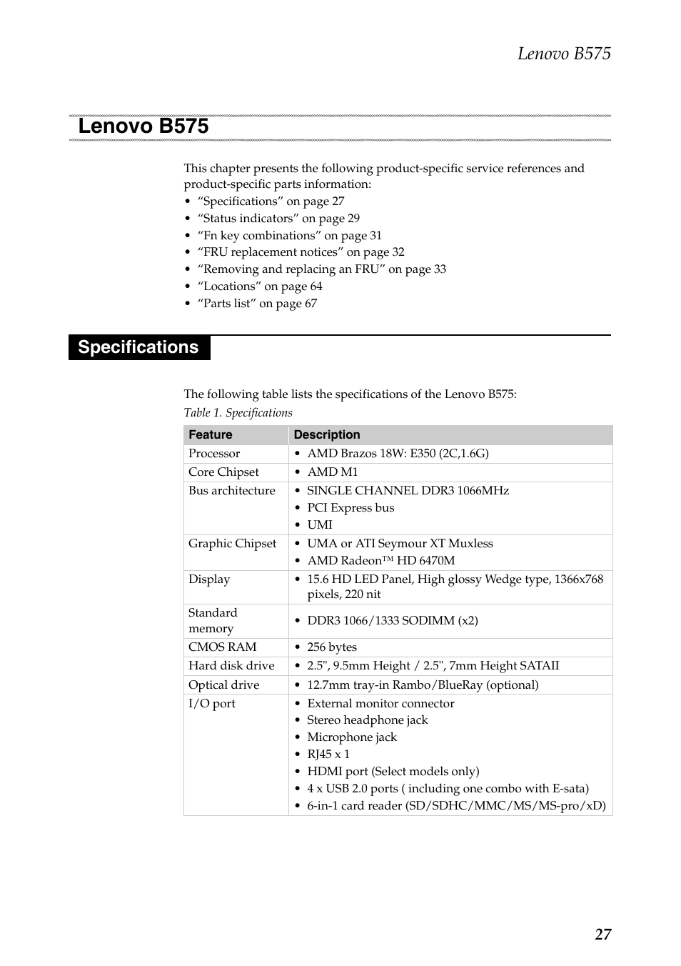 Lenovo b575, Specifications, Lenovo b575 specifications | Lenovo B575 Notebook User Manual | Page 31 / 86