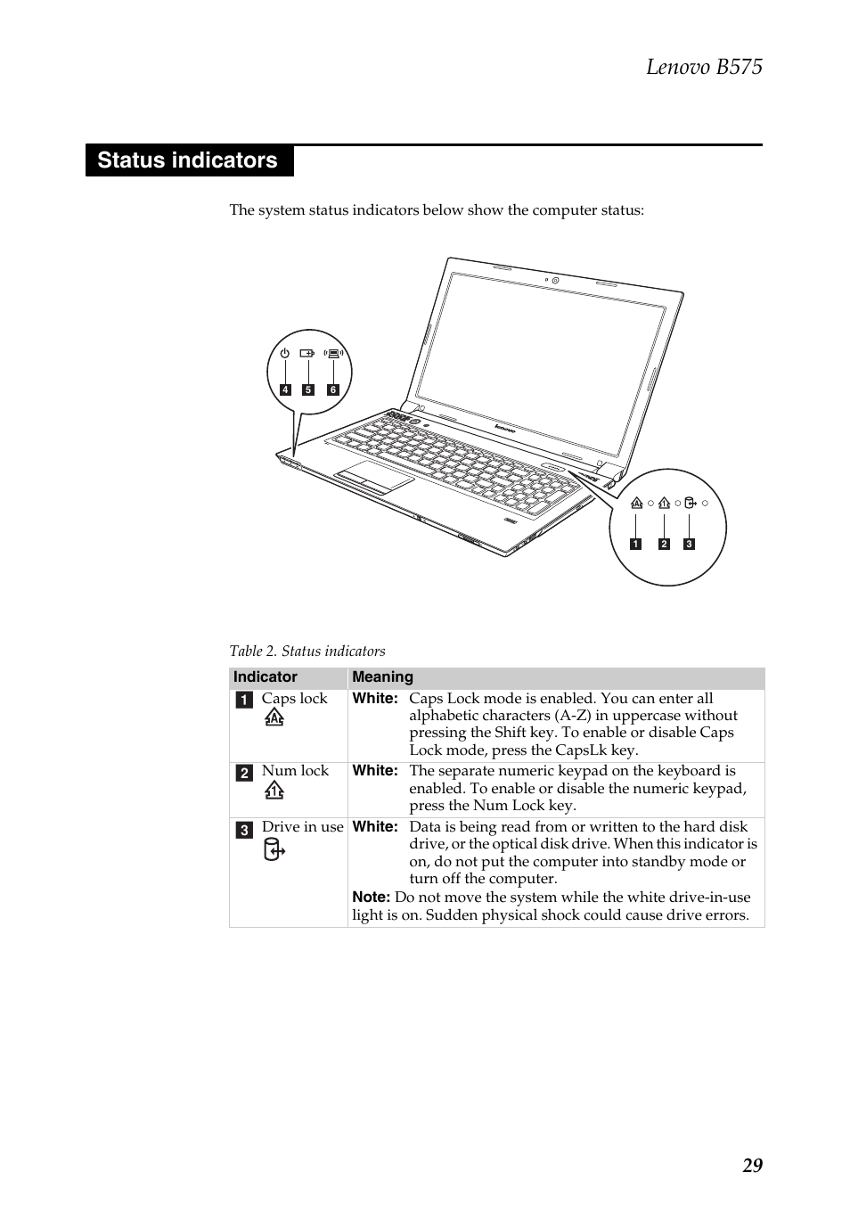 Status indicators, Lenovo b575 | Lenovo B575 Notebook User Manual | Page 33 / 86