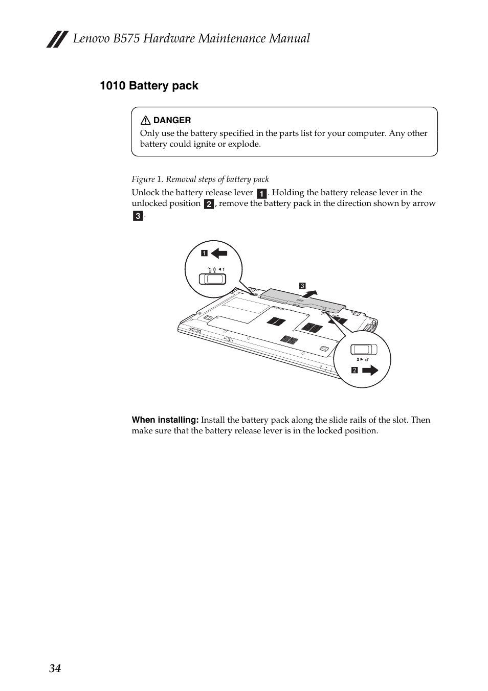 1010 battery pack, Lenovo b575 hardware maintenance manual | Lenovo B575 Notebook User Manual | Page 38 / 86