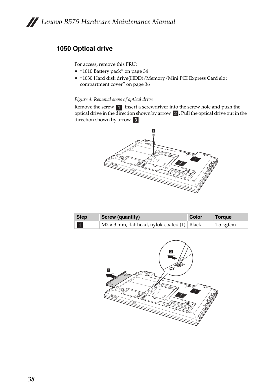 1050 optical drive, Lenovo b575 hardware maintenance manual | Lenovo B575 Notebook User Manual | Page 42 / 86