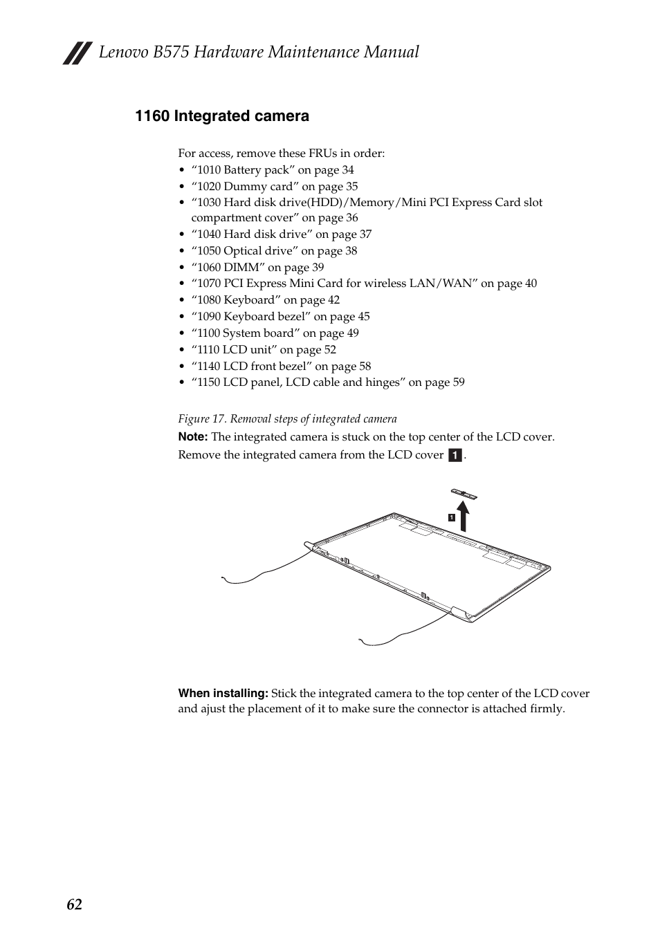 1160 integrated camera, Lenovo b575 hardware maintenance manual | Lenovo B575 Notebook User Manual | Page 66 / 86