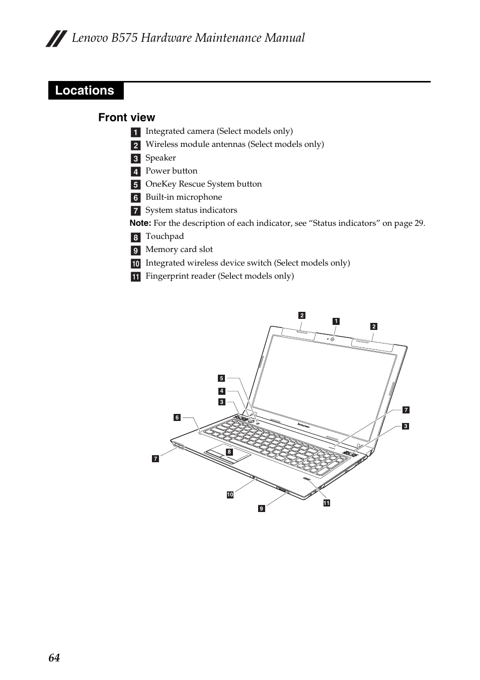 Locations, Front view, Lenovo b575 hardware maintenance manual | 64 front view | Lenovo B575 Notebook User Manual | Page 68 / 86