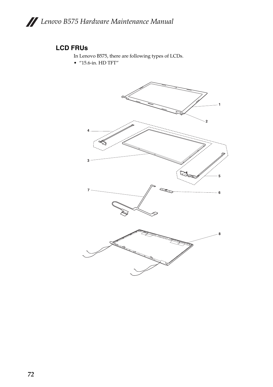 Lcd frus, Lenovo b575 hardware maintenance manual, 72 lcd frus | Lenovo B575 Notebook User Manual | Page 76 / 86