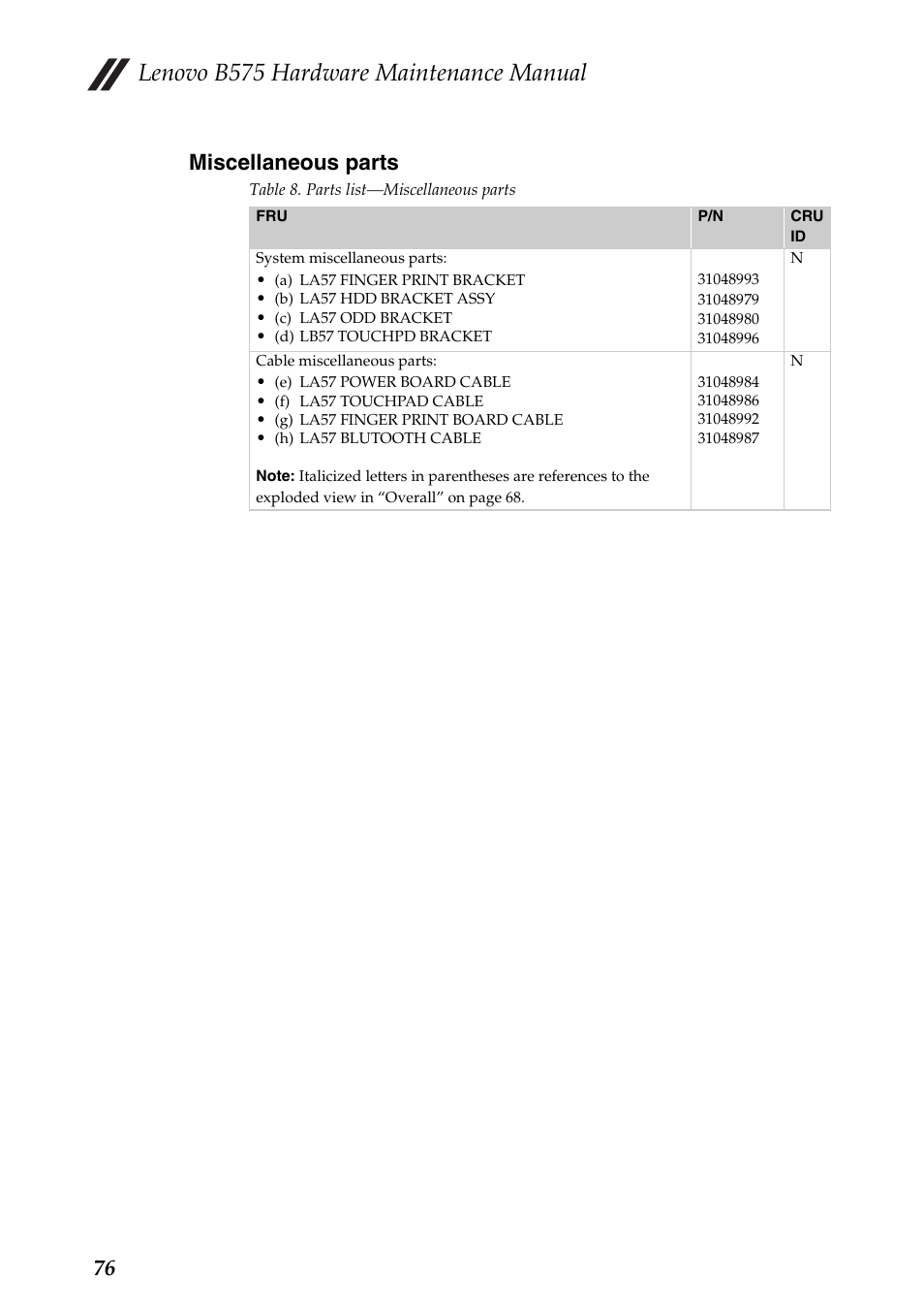 Miscellaneous parts, Lenovo b575 hardware maintenance manual, 76 miscellaneous parts | Lenovo B575 Notebook User Manual | Page 80 / 86