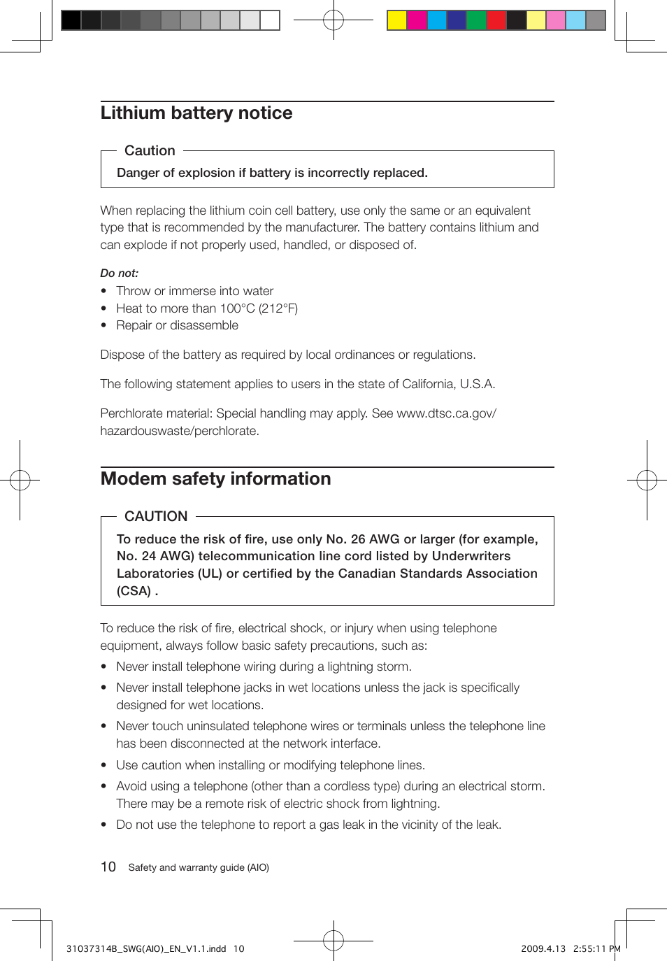 Lithium battery notice, Modem safety information | Lenovo 3000 C305 All-In-One User Manual | Page 15 / 39