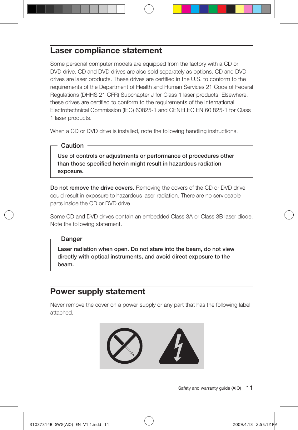 Laser compliance statement, Power supply statement | Lenovo 3000 C305 All-In-One User Manual | Page 16 / 39