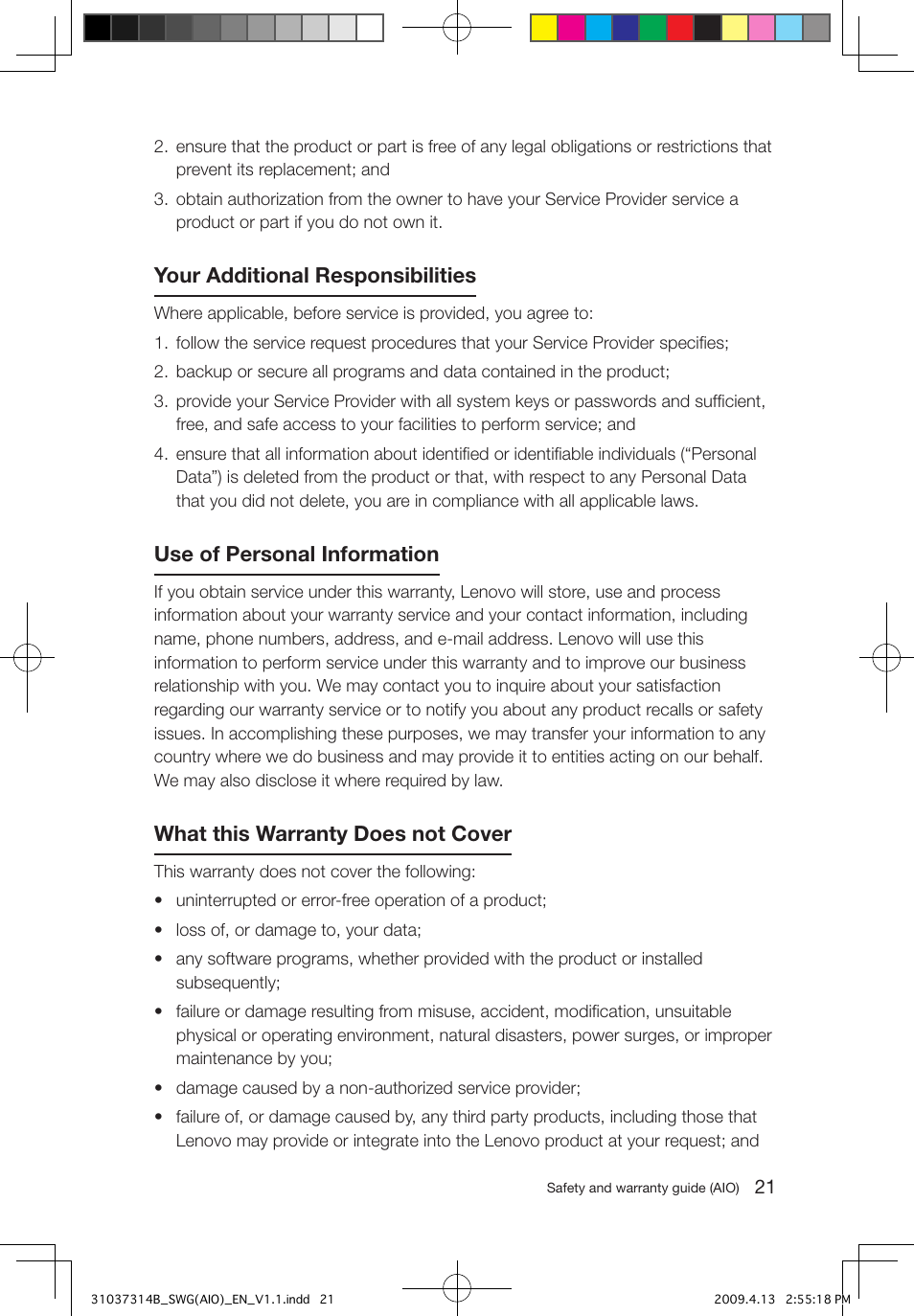 Your additional responsibilities, Use of personal information, What this warranty does not cover | Lenovo 3000 C305 All-In-One User Manual | Page 26 / 39