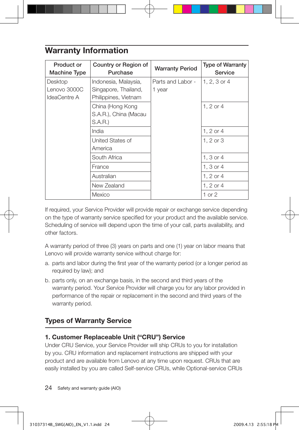 Warranty information, Types of warranty service | Lenovo 3000 C305 All-In-One User Manual | Page 29 / 39