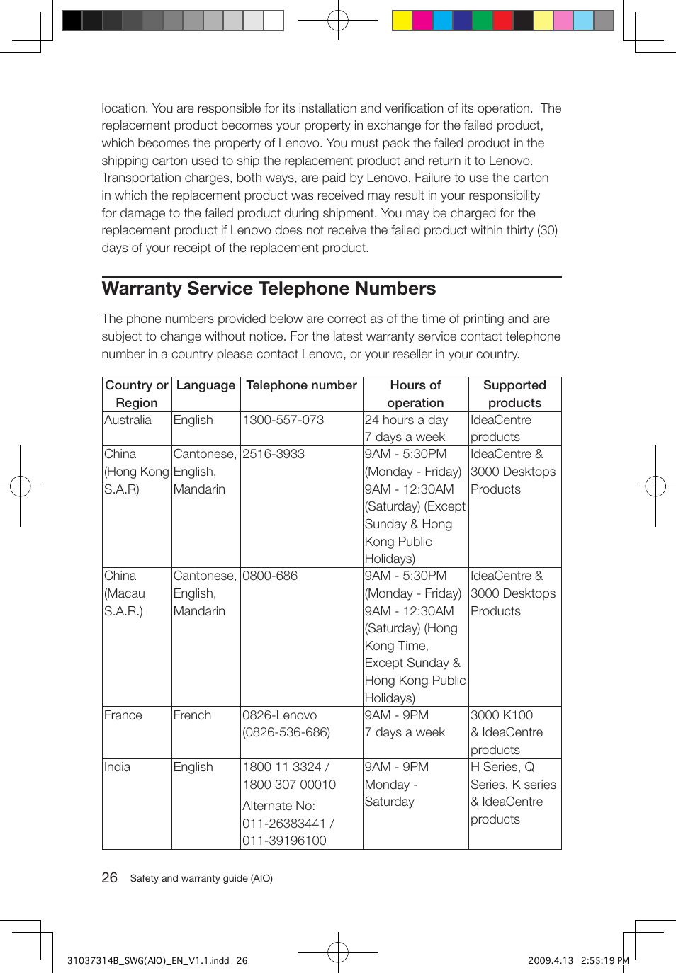 Warranty service telephone numbers | Lenovo 3000 C305 All-In-One User Manual | Page 31 / 39