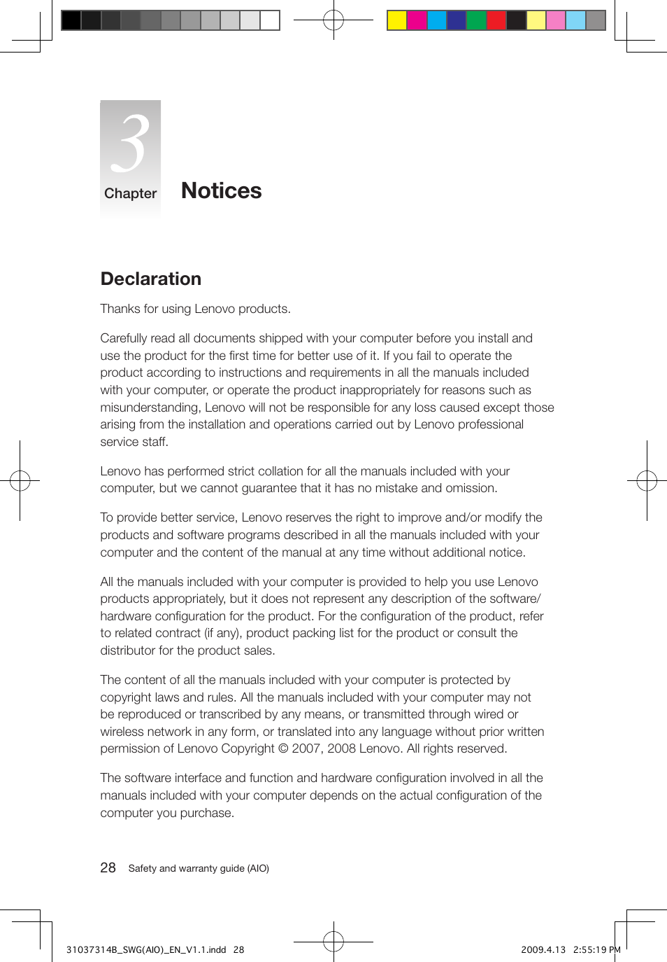 Notices, Declaration | Lenovo 3000 C305 All-In-One User Manual | Page 33 / 39