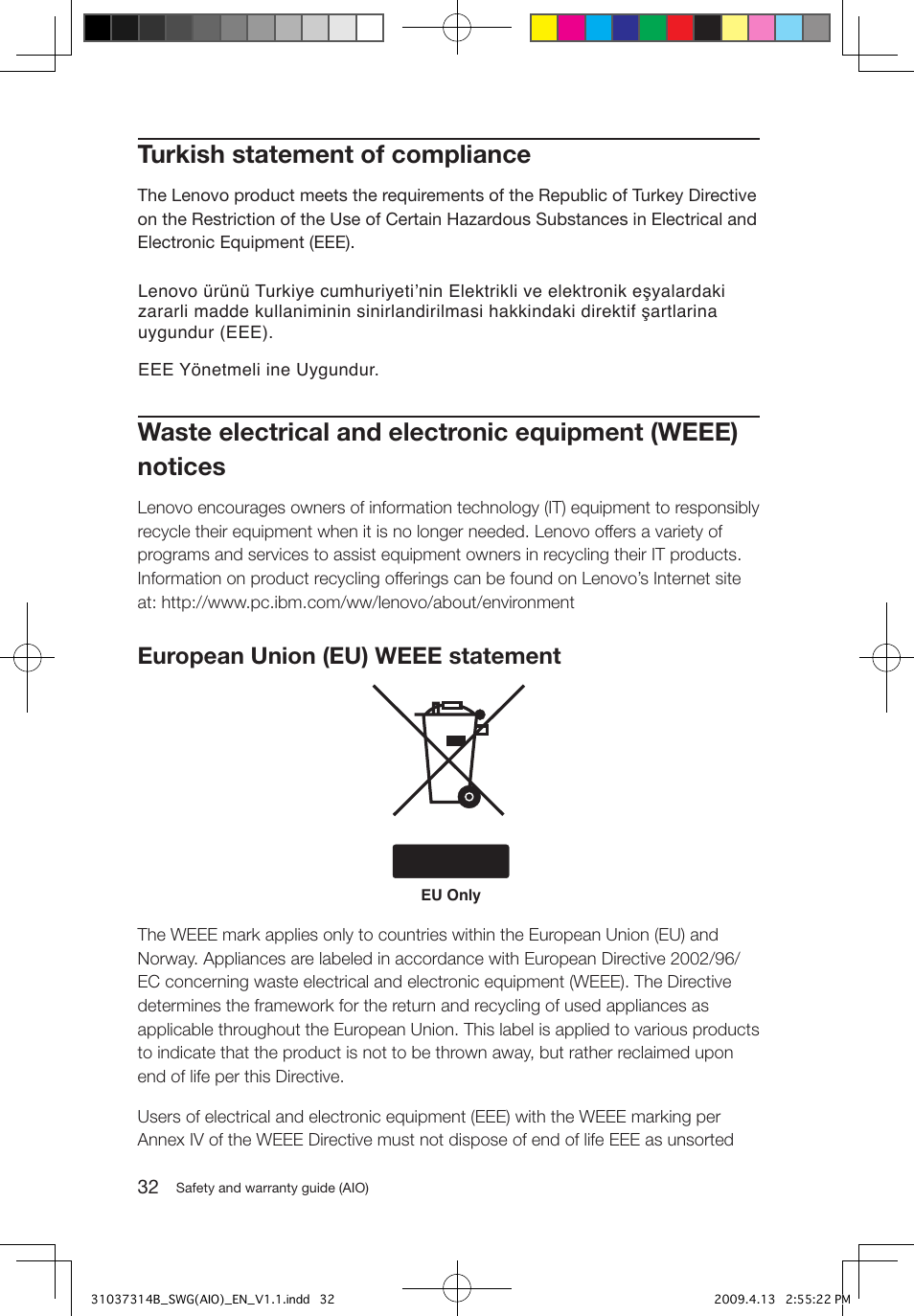 Turkish statement of compliance, European union (eu) weee statement | Lenovo 3000 C305 All-In-One User Manual | Page 37 / 39