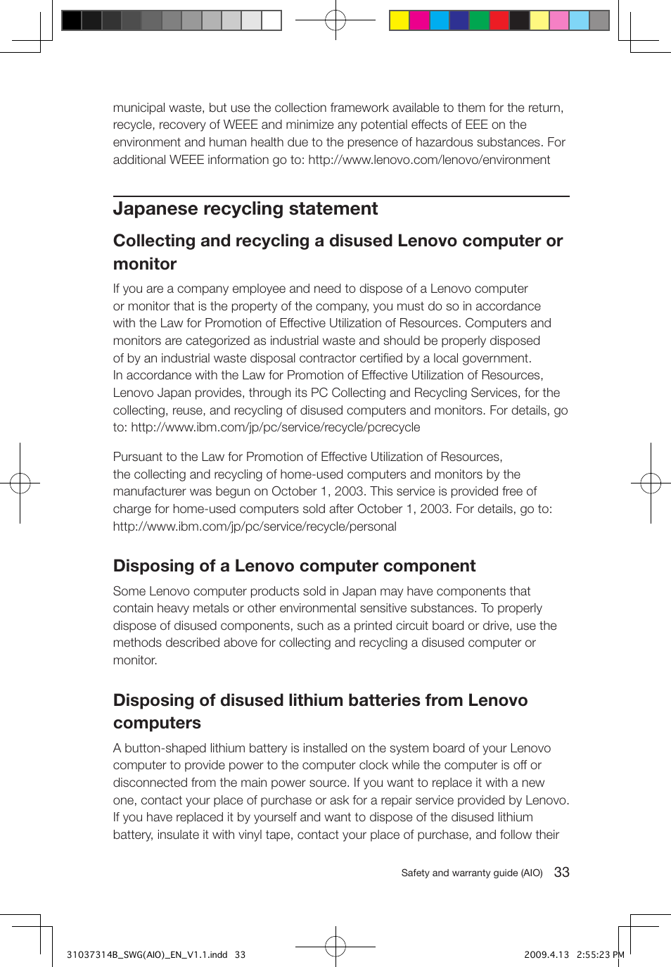 Japanese recycling statement, Disposing of a lenovo computer component | Lenovo 3000 C305 All-In-One User Manual | Page 38 / 39
