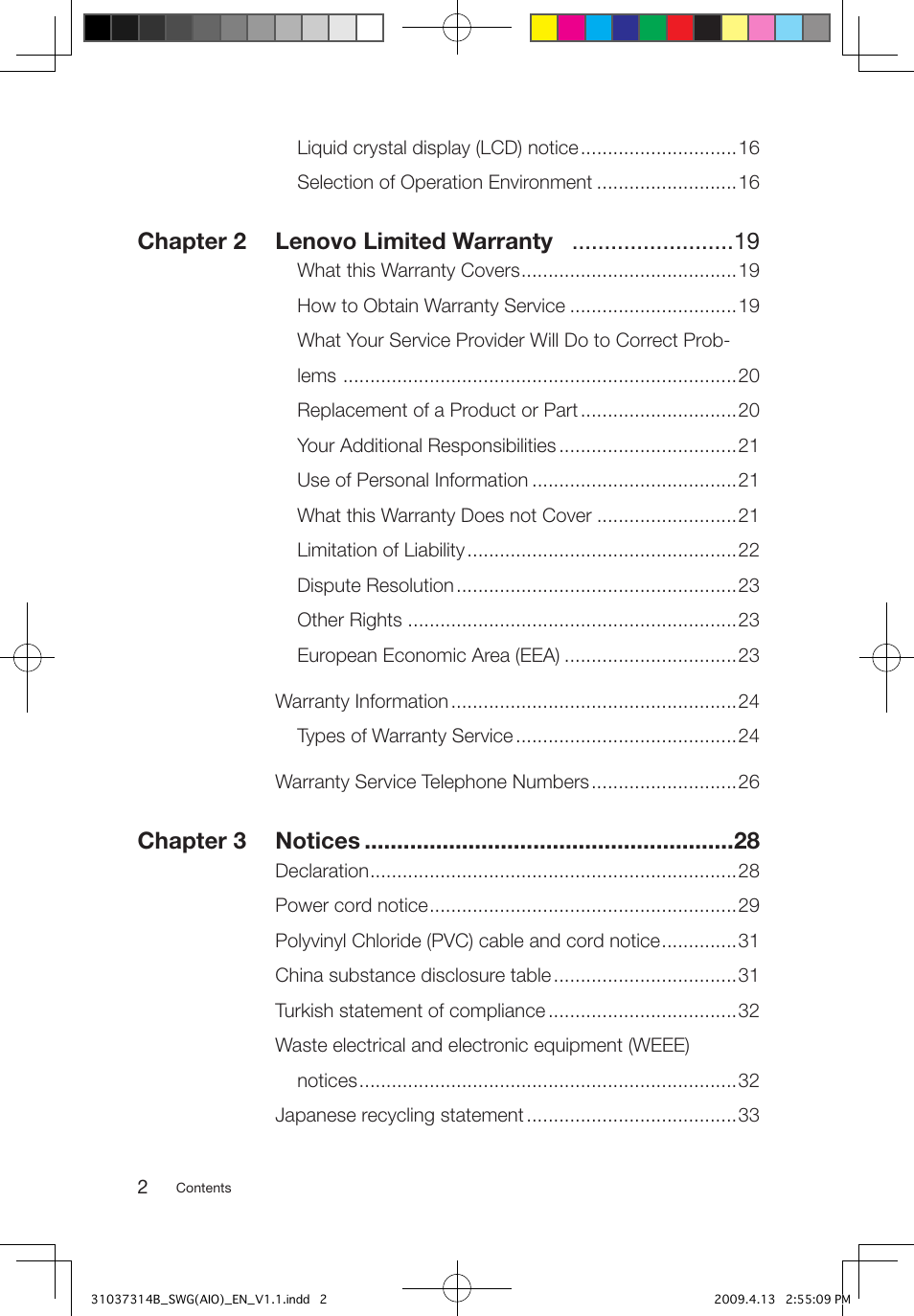 Chapter 2 lenovo limited warranty, Chapter 3 notices | Lenovo 3000 C305 All-In-One User Manual | Page 5 / 39