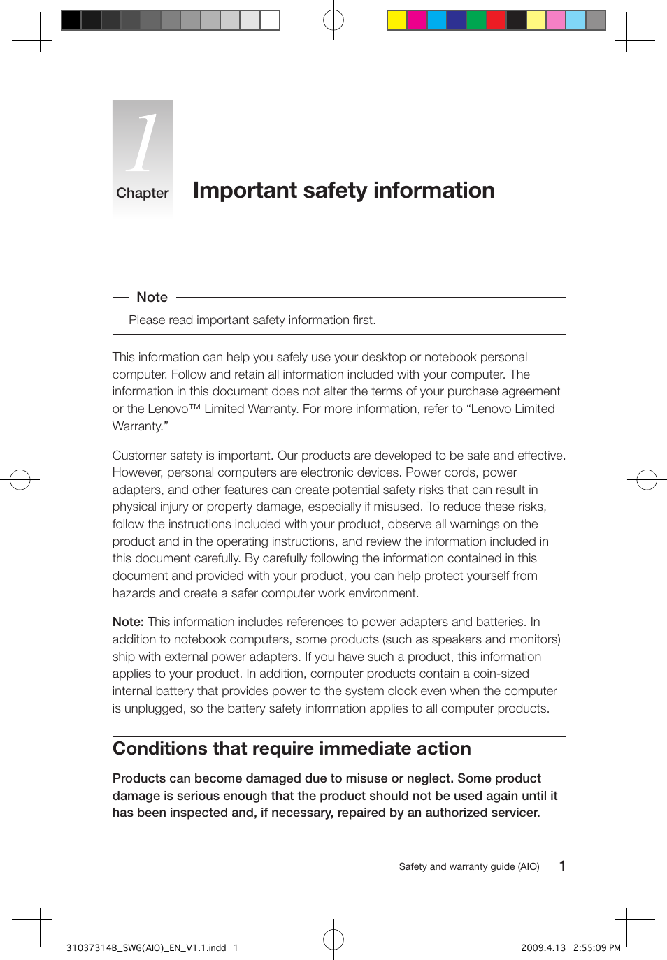 Important safety information, Conditions that require immediate action | Lenovo 3000 C305 All-In-One User Manual | Page 6 / 39
