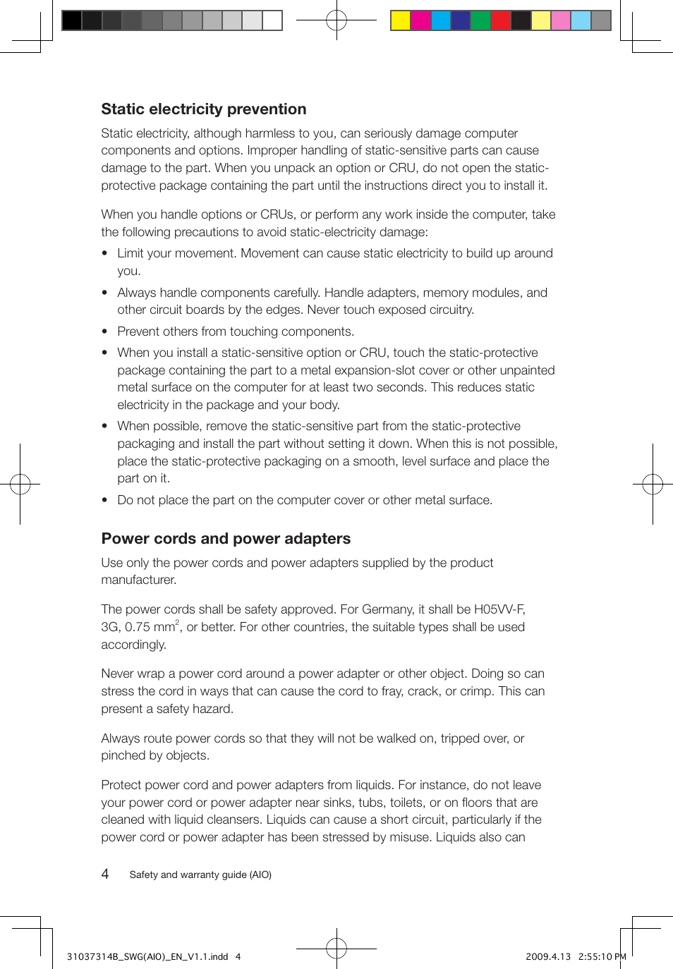 Static electricity prevention, Power cords and power adapters | Lenovo 3000 C305 All-In-One User Manual | Page 9 / 39
