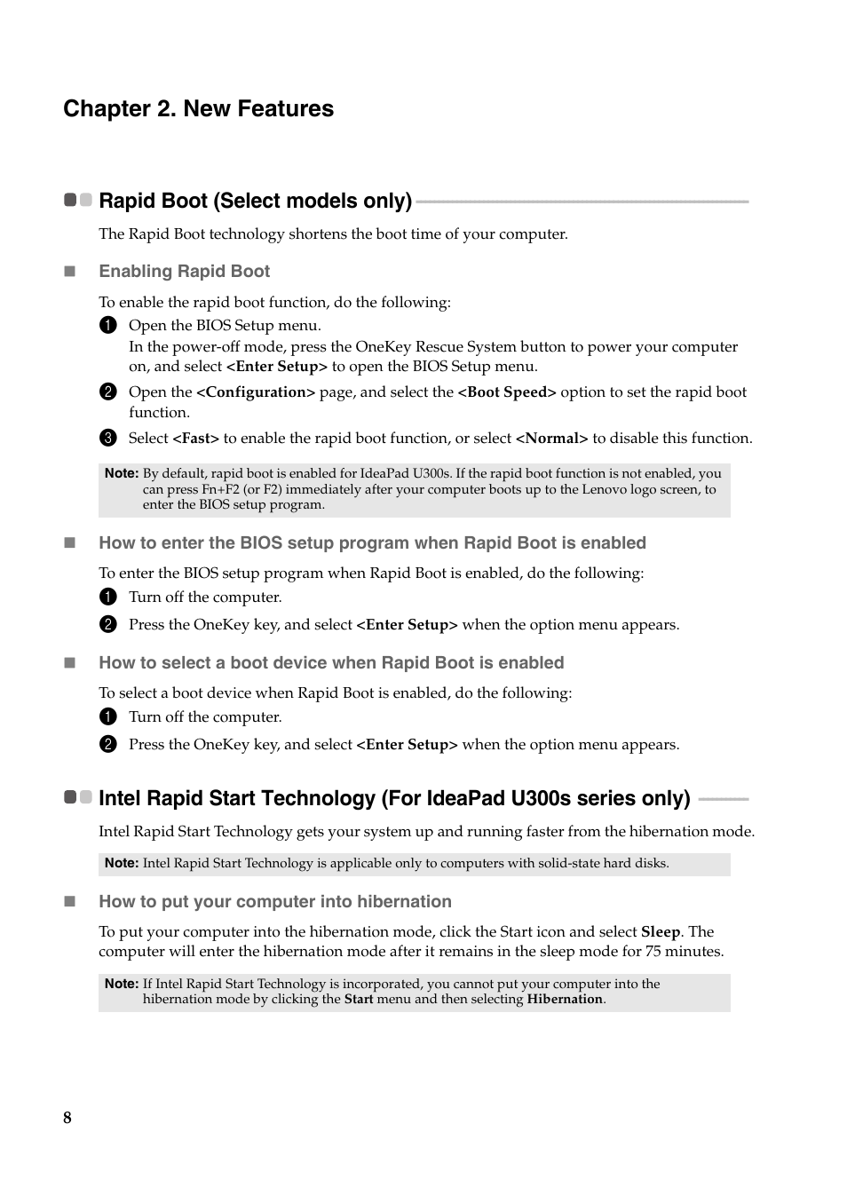 Chapter 2. new features, Rapid boot (select models only) | Lenovo IdeaPad U400 User Manual | Page 12 / 31